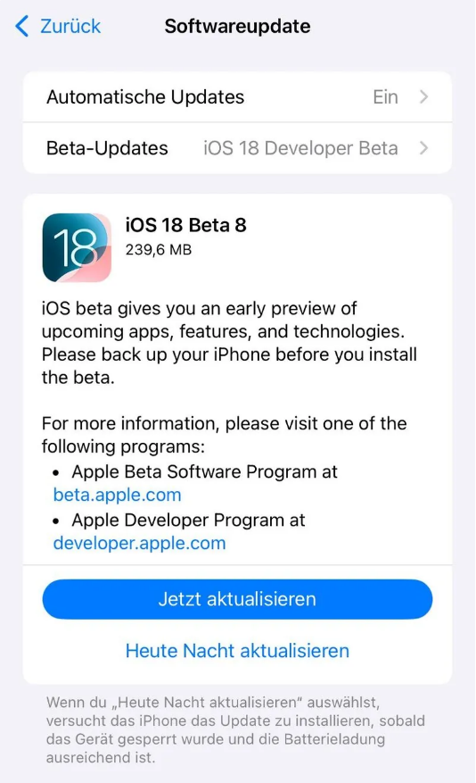 怀柔苹果手机维修分享苹果 iOS / iPadOS 18 开发者预览版 Beta 8 发布 